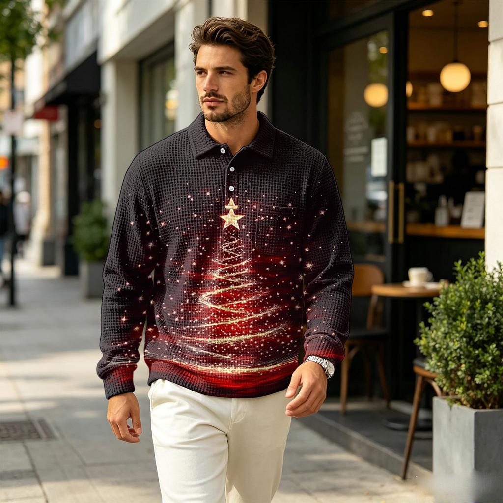 Men's Knit Long Sleeve Pullover Top with Collar and Pocket, Casual Outdoor Christmas Print for Fall