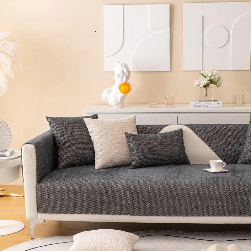 Luxury Cream Chenille Sofa Cushion Cover Non Slip Soft Textured Living Room Decor