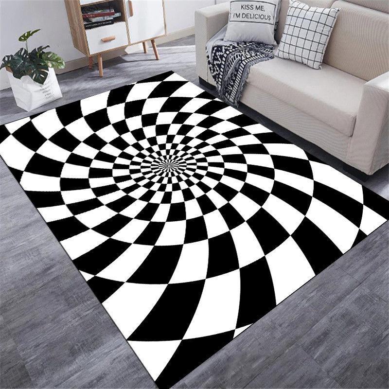 Checkered Carpet Black and White 3D Optical Illusion Print Living Room Decor Rug Geometric Pattern Non-slip Home Decor Mat