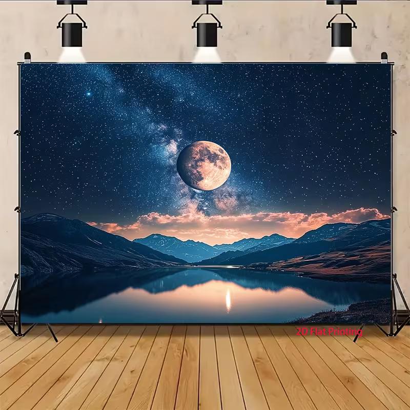 2D Celestial Moon Landscape Tapestry Night Sky Mountain Water Home Decor Banner