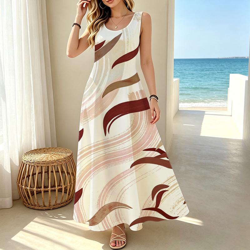 Women's Sleeveless Maxi Dress Minimalist Lines Lightweight Long Dress for Beach Vacation,Daily Casual,Summer Outings