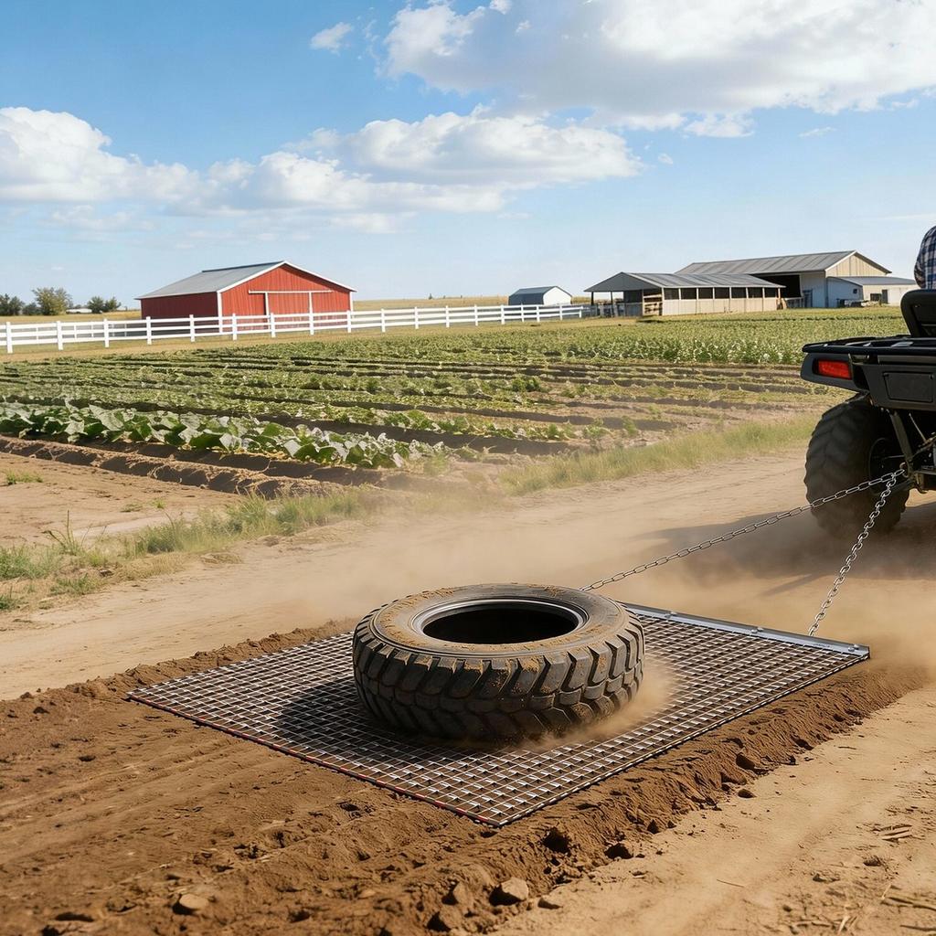 Drag Harrow, 1.2x1.2 M , High-Efficiency Chain Harrow Rake, ATVs UTVs Tractors Attachments, Durable Galvanized Steel Mesh Drag Mat with Towing Chain,