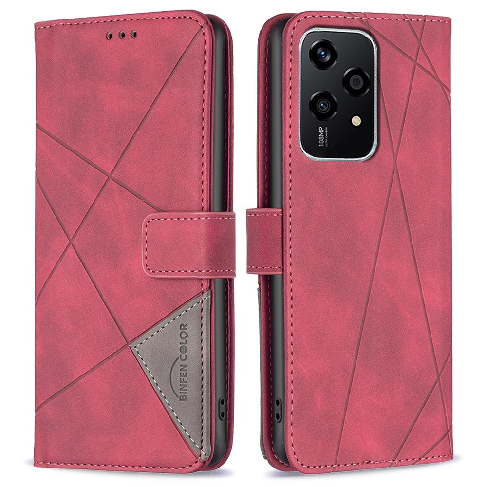 

BINFEN COLOR For Honor 200 Lite Phone Cases Wallet Stand Geometry Imprinted Leather Cover Red