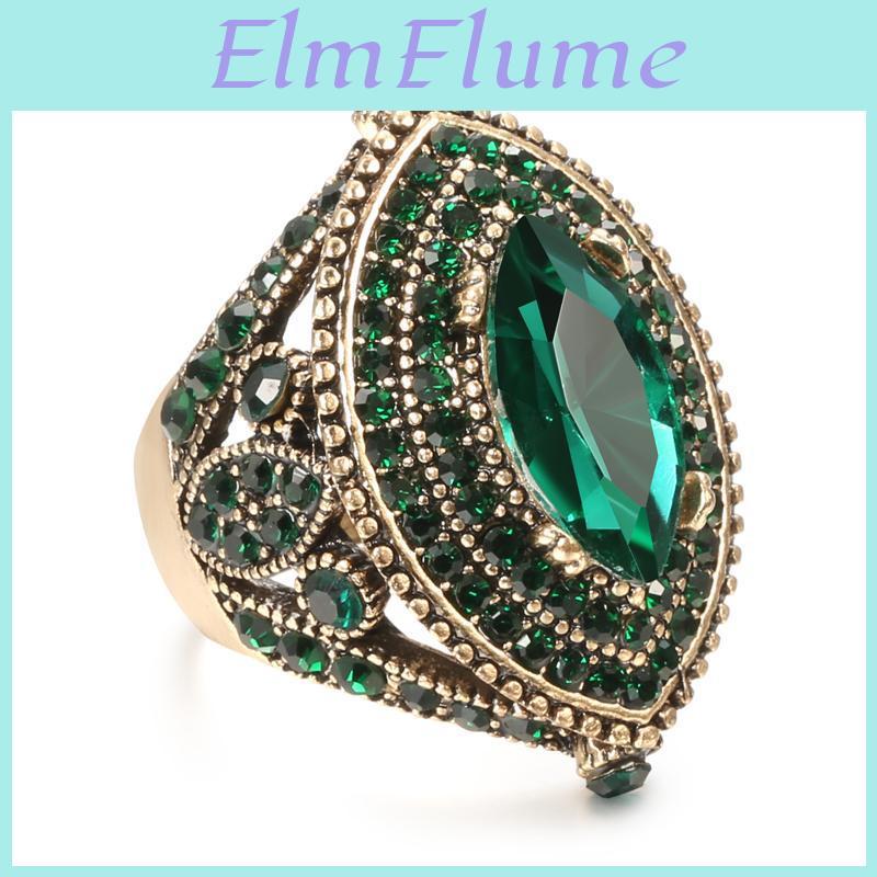 Antique Ring For Luxury Women Vintage Look Aaa Green Crystal Boho Jewelry Gold Color Charm Ethnic Wedding Ring