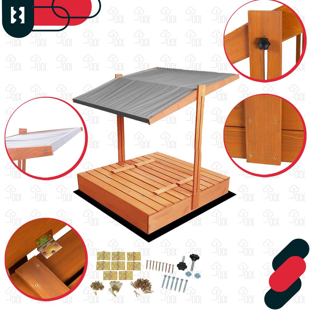 KOTARBAU® Large Wooden Sandbox with Grey Roof, Impregnated, Closed, with Benches, Brown, 100 X 100 CM