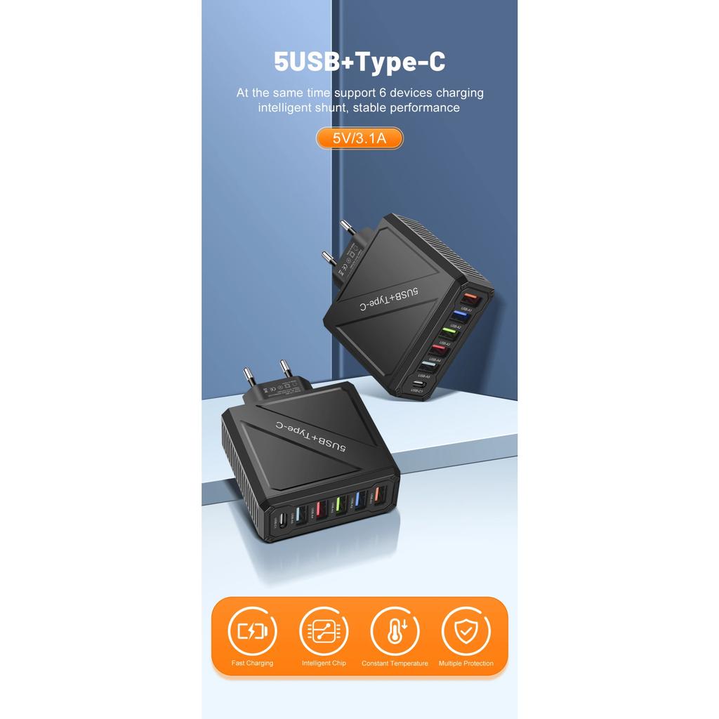 15W USB Type C Charger 6 Ports PD Fast Charge Adapter Quick Charge3.0 for IPhone Samsung Xiaomi Huawei Mobile Phone Wall Charger