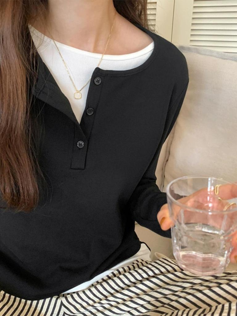 Women's Ribbed Cotton Slim Fit Two-Piece Look Long Sleeve Base Layer Top