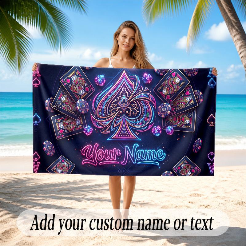Cards Casino Theme Quick Dry Beach Towel Custom Name Text Print Large Sand Resistant Towel Beach Vacation