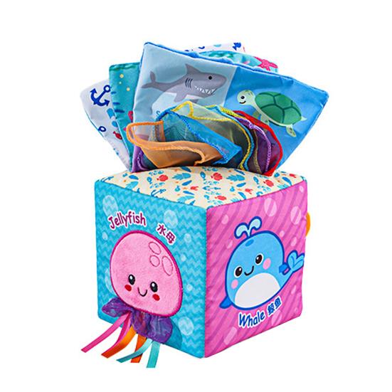 

Детская сенсорная коробка с салфетками, мягкая игрушка-кубик с хрустящим звуком, развивает сенсорно-моторные навыки, набор из мультисенсорных салфеток для детей от 0 до 3 лет