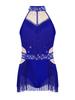 Girls Latin Dance Bodysuit Sleeveless Cutout Back Design Sheer Mesh Patchwork Shiny Rhinestones Tassel Leotard
