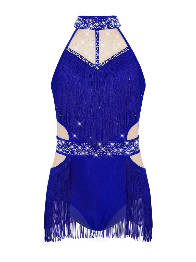 Girls Latin Dance Bodysuit Sleeveless Cutout Back Design Sheer Mesh Patchwork Shiny Rhinestones Tassel Leotard