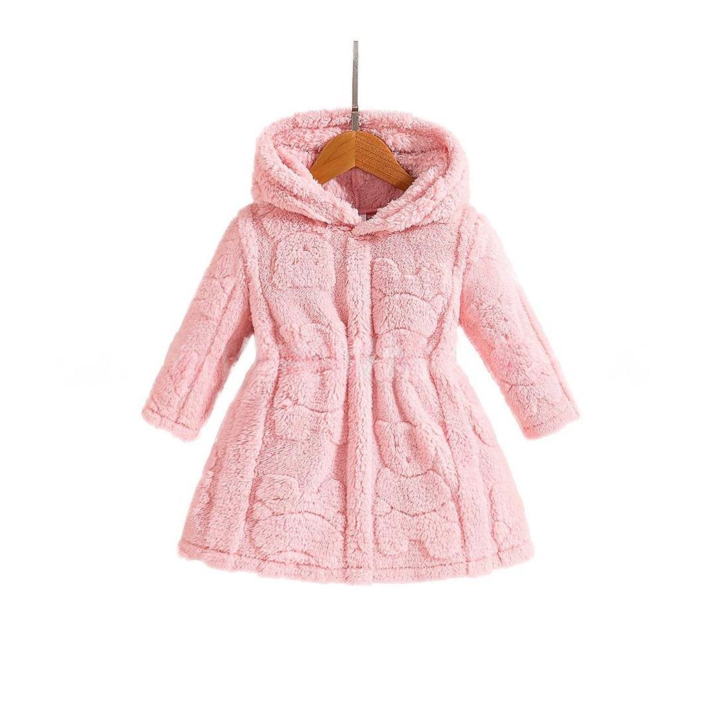 Girls' Teddy Bear Flannel Hooded Cardigan Jacket - Winter Casual Versatile Warm Wear.