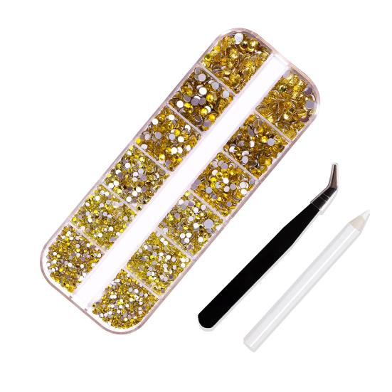 1 Set 12 Grids Nail Art Rhinestone Kit with Storage Box Drill Pen Tweezers Glass Flatback Rhinestone DIY Nail Design Crafting Decoration Fake Gems
