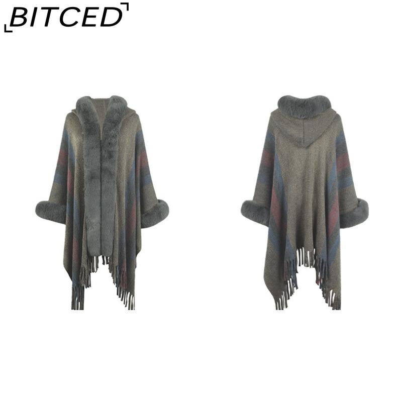 BITCED Hooded Cape Women's Fall/Winter Striped Knit Fringe Shawl