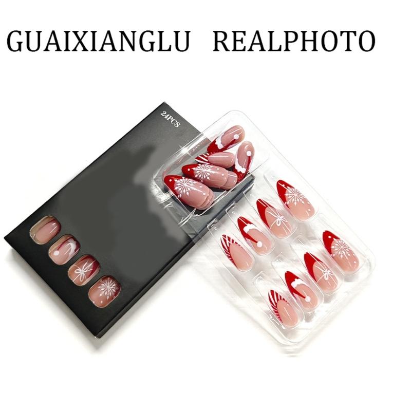 Festival French Press On Nail 24Pieces Red Striped Glitters Snowflakes Artificial Nail For Holiday Celebration