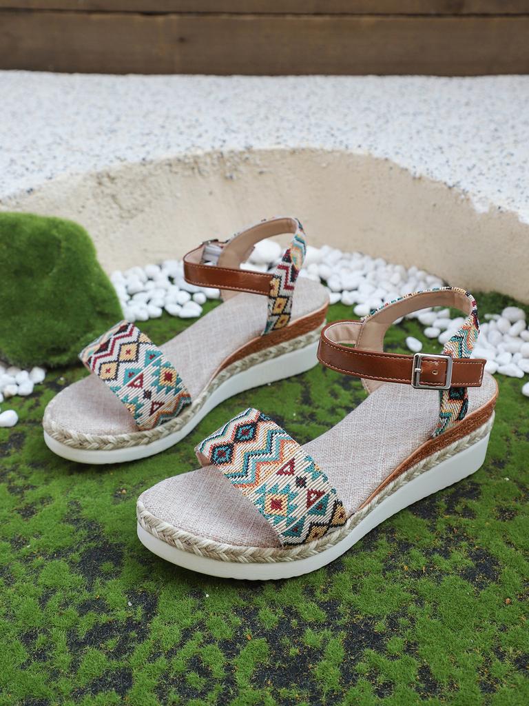 Fashion Geometry Striped Wedge Sandals for Women Summer Lightweight Beach Shoes Woman Plus Size Fashion Buckle Strap Platform Sandalias