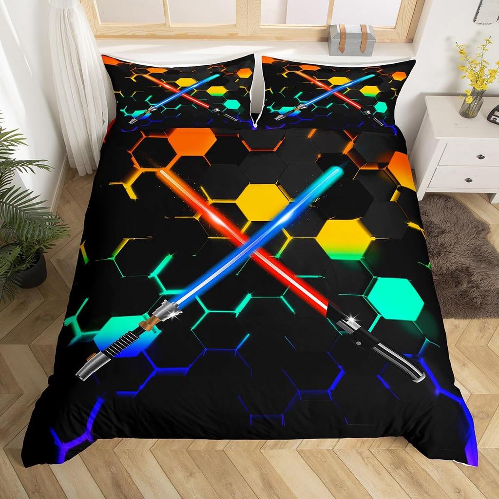 Lightsaber Duvet Cover Set Full,Galaxy Universe Planet Bedding Set 3pcs for Teens Room Decor,Trippy Star Sky Comforter Cover