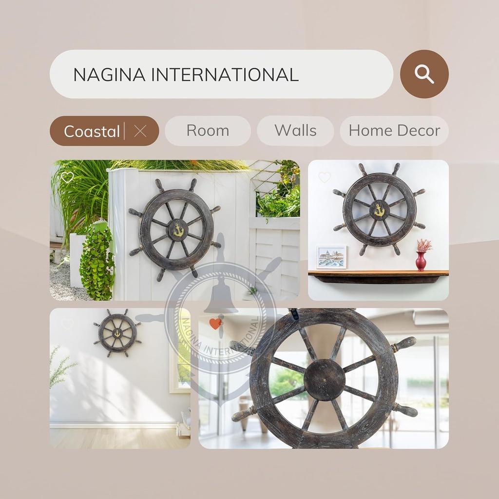 Frosty Antique Junkyard Crafted Wooden Ship Wheel | Anchor Motiff | Pirate's Home Wall Decor | Nagina International (24 Inches)