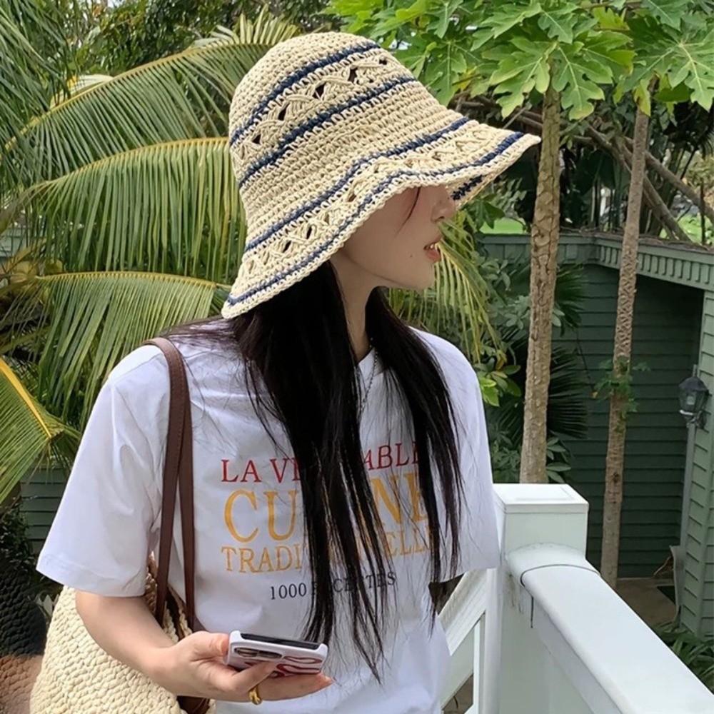 Summer Weave Crochet Hat Beach Fisherman Caps Korean Straw Bucket Cap  Outdoor