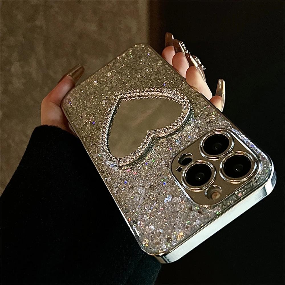 Luxury Bling Glitter Plating 3D Love Heart Mirror Sequins Case For iPhone 17 Air 16 14 15   11 Pro Max Lens Protection Cover
