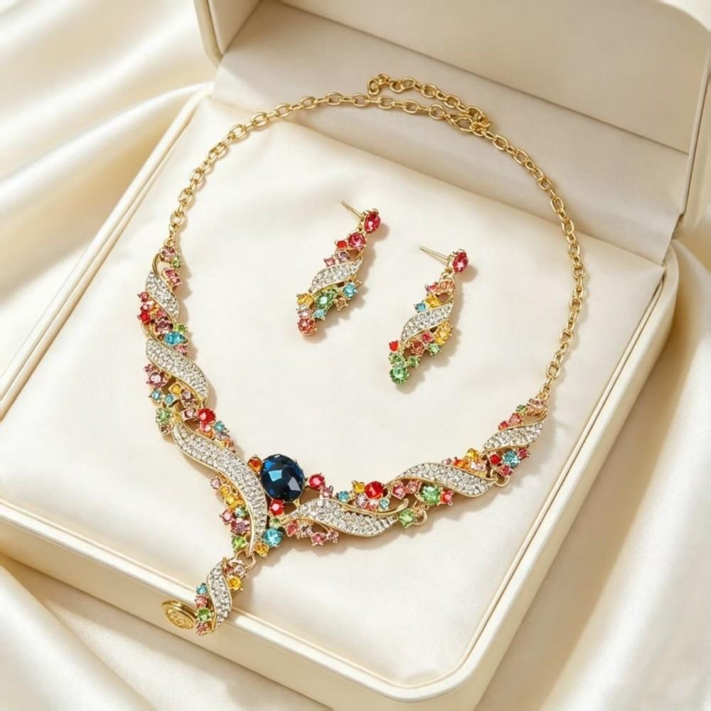 Colorful Rhinestone Jewelry Set Exaggerated Style Collar Necklace Earring Set  Luxury