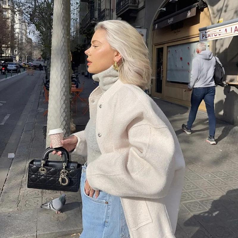 Women Fashion Vintage Pockets Woolen Jacket Autumn Casual Solid Long Sleeve Coat Snap Button Loose Outerwear