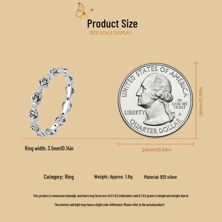 S925 Sterling Silver Butterfly Rose Earrings & Ring Set - Open Ring Design for Women