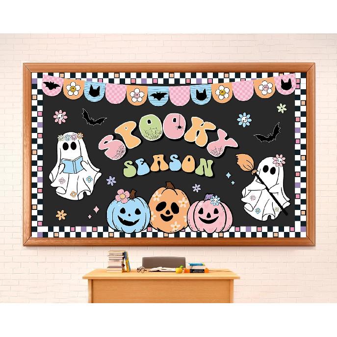 Halloween Bulletin Board Decorations Boho Halloween Ghost Pumpkin Spider Bat Paper Cutouts Supplies Groovy Spooky Season Classroom Decors for Holiday Halloween Ghost