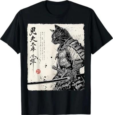 T-shirt Grafica Anime Arte Giapponese Gatto Samurai