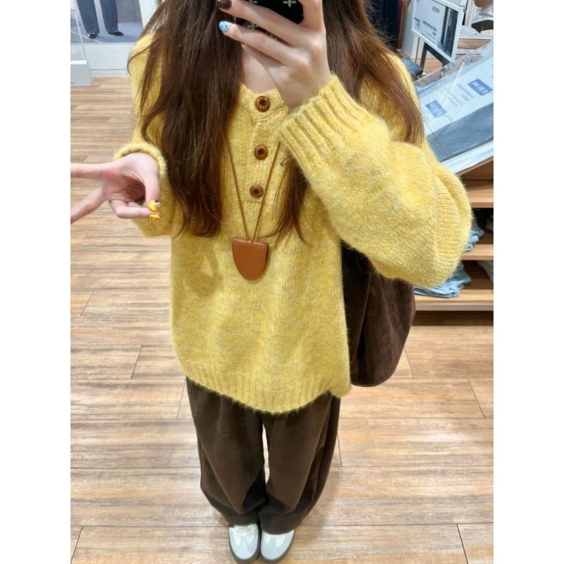 Plush button-up Henry collar knitted top women's autumn and winter temperament soft waxy shoulder sleeves loose sweater bottoming shirt