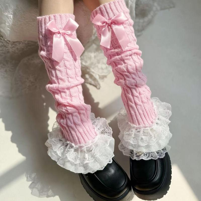 Cable Knit Leg Warmers Boot Cuffs with Bowknot Decorated Sweet Tiered Ruffled Lace Trim Leg Covers Calf Socks for Women