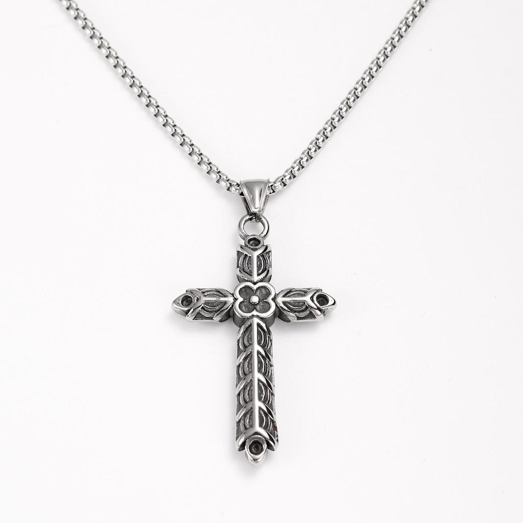Men's Cross Pendant Necklace - 304 Stainless Steel, Retro Carved Flower Design