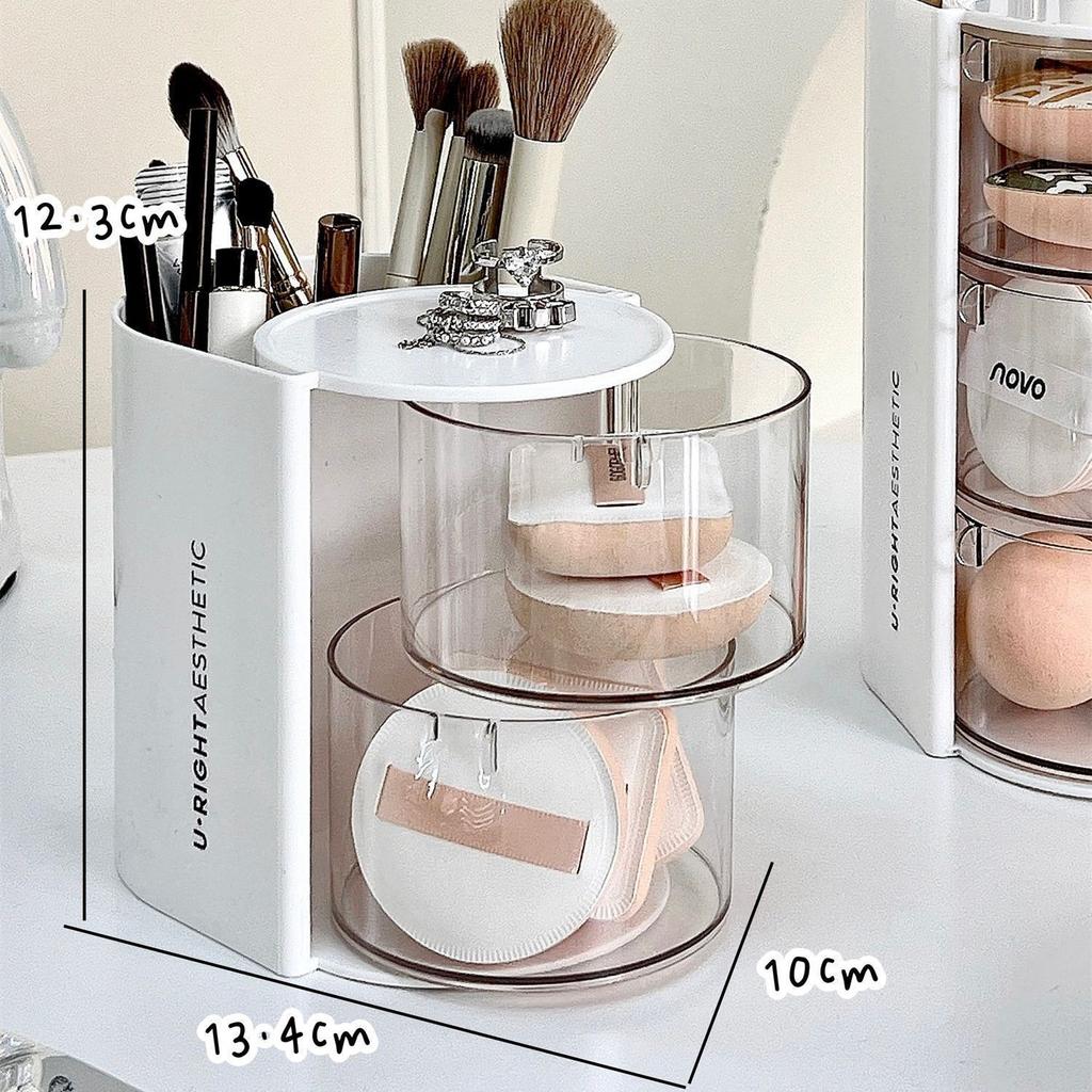 Rotating Dustproof Storage Box for Desk - Vanity Organizer Container for Beauty Sponges, Air Cushions,Lipsticks & Makeup Brushes