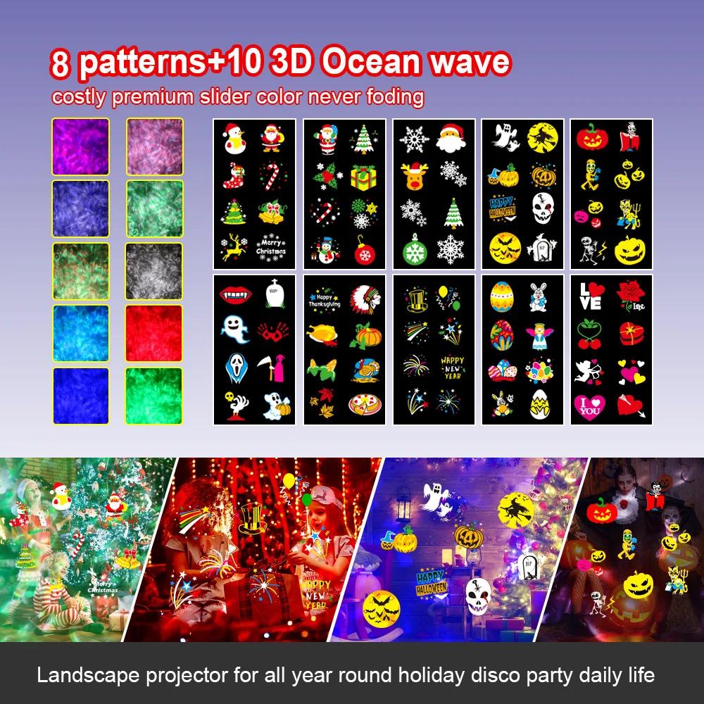 Świąteczny Projektor Światła Halloweenowego Zewnętrzny Wodoodporny Lampa Śnieżynka 3D Fala Oceaniczna Wbijana Karta z 8 Wzorami na Imprezę Świąteczną Ogród Podwórko Dekoracja Świąteczna