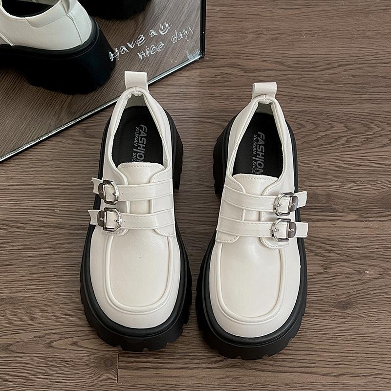 

Туфли женские кожаные на толстом каблуке и платформе белого цвета в стиле ретро 2025 года, новые, весна-осень, с круглым носком, увеличивающие рост, универсальные, с юбкой, одинарные 39 бежевый