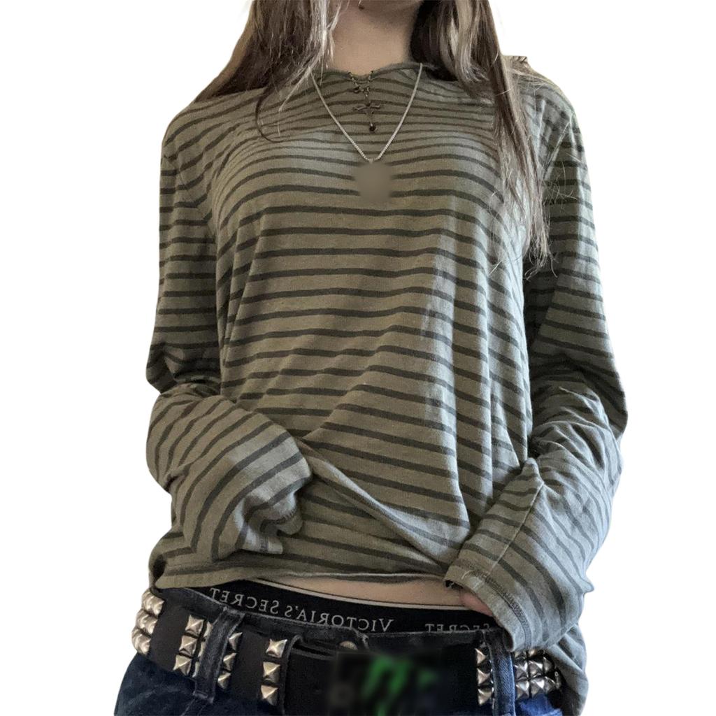 Women's Fall Casual Tops Stripe Pattern Loose Fit T-Shirts Thin Long Sleeve Crew Neck Pullovers
