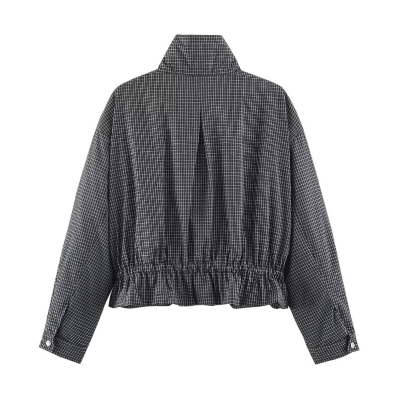 Damen Herbst Neu Lässig Langarm Stehkragen Kariert Baumwolle Jacke Jacke