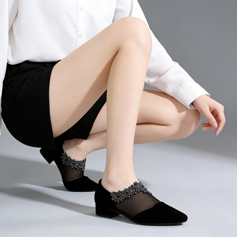 2026 Summer Women's Pointed Toe Low Heel Sandals Black Mesh Rhinestone Fashion Office Ladies Dress Shoes Plus Size 42
