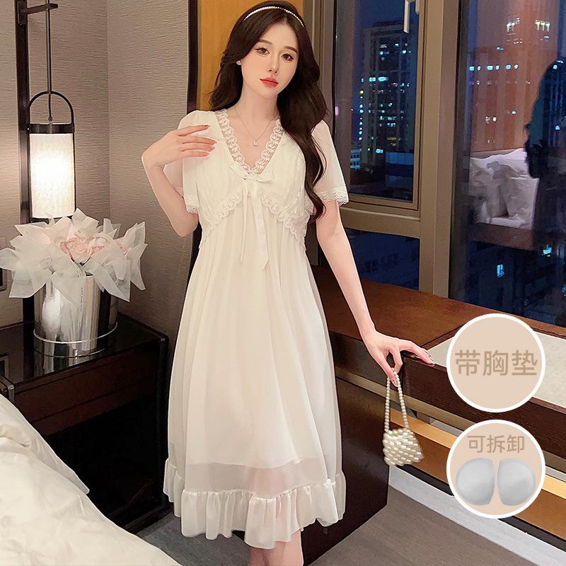 Summer V-Neck Mesh Lace Nightdress Short Sleeve Pure Princess Style Sweet Lace Sexy Loungewear Pajamas