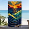 Japanese Illustration Style Ocean Wave Sunset Print Beach Towel Quick Dry Sand-Free Absorbent Beach Blanket for Summer Vacation