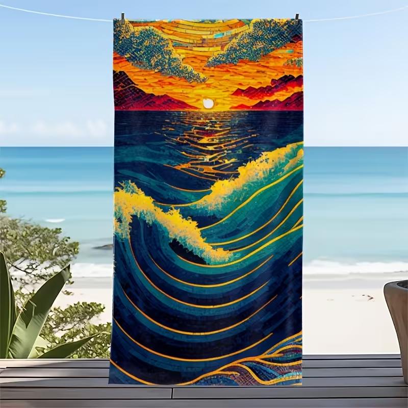 Japanese Illustration Style Ocean Wave Sunset Print Beach Towel Quick Dry Sand-Free Absorbent Beach Blanket for Summer Vacation