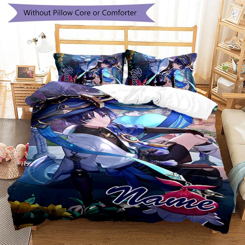 3pcs Genshin Impact4 Cover Set - Personalized Name, HD Printed Bedding with 1 Cover and 2 Pillowcases - Perfect for Home Decor, Easy Care