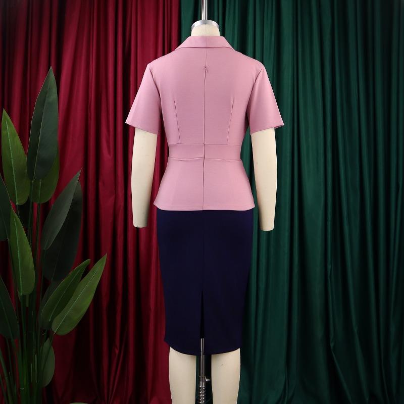 Übergröße Damen Kurzarm Rüschen Farbblock Hoher Bund Bodycon Midi Kleid