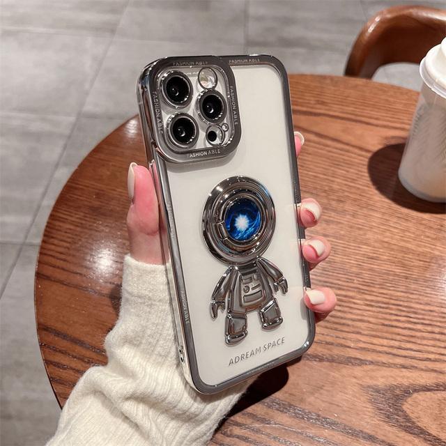 Galvanisierte Astronauten-Ringhalter-Hülle für iPhone 11 12 13 Pro Max X Xr Xs Max Linsenschutz Silikonbeschichtung