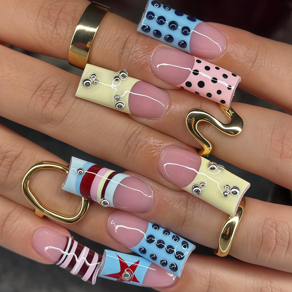 24PCS Black White Polka Dot French Press on Nails with Glue 3D Bowknot Heart False Nails Sweet Stripes Wearable Fake Nails Tips