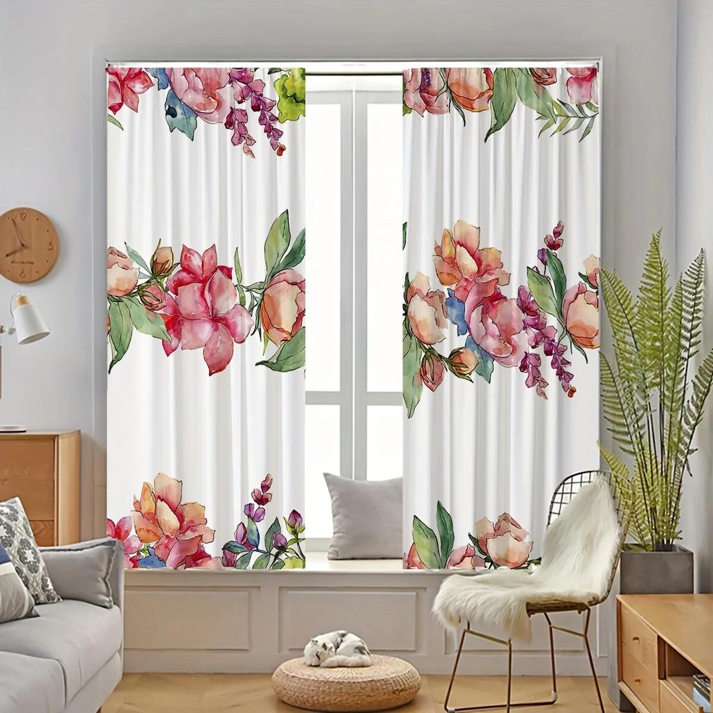 2pcs Wild Flowers Peonies With Watercolor Style Printed Curtains Rod Pocket Curtain  For Living Room Bedroom Windows Home Decor