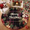 Round Christmas Red Carpet Mat Santa Sleigh Reindeer Rug Poinsettia Ornaments Festive Non-slip Home Decoration for Living Room