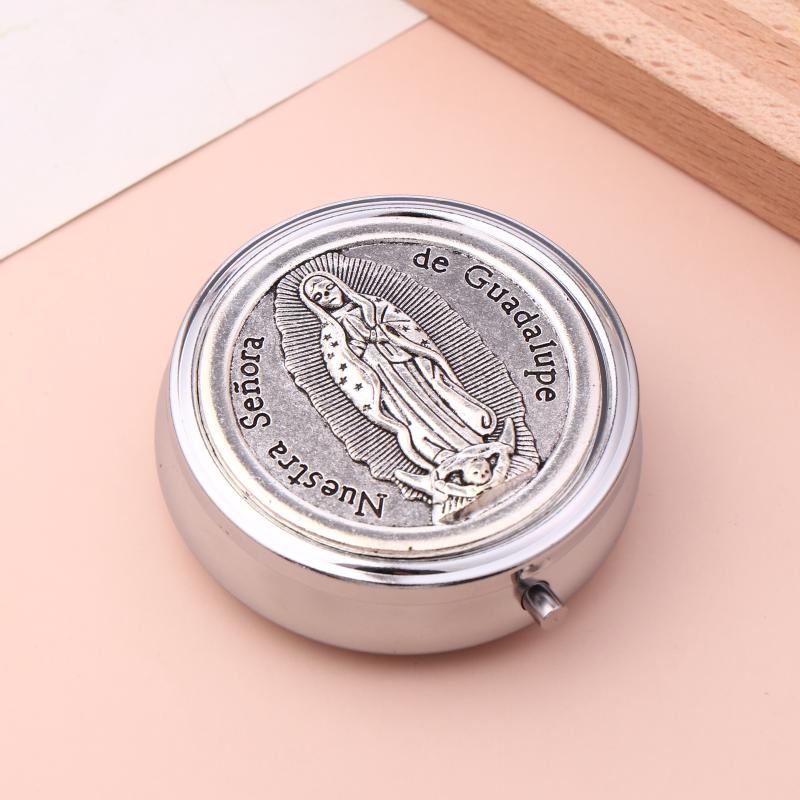 Retro Metal Holy Communion Saint Benedict Rosary Gift Boxes Round Religious Jewelry Packing Case