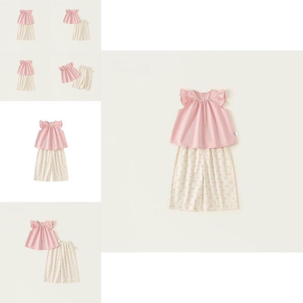 Meisjes Zomer Katoen Bloemen Tweedelig Set Met Top Met Korte Mouwen En Wijde Broek