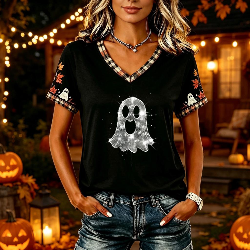 Tricouri Femei Halloween cu Decolteu în V Top cu Dovleac Tricou Casual Top pentru Petrecere de Sărbătoare
